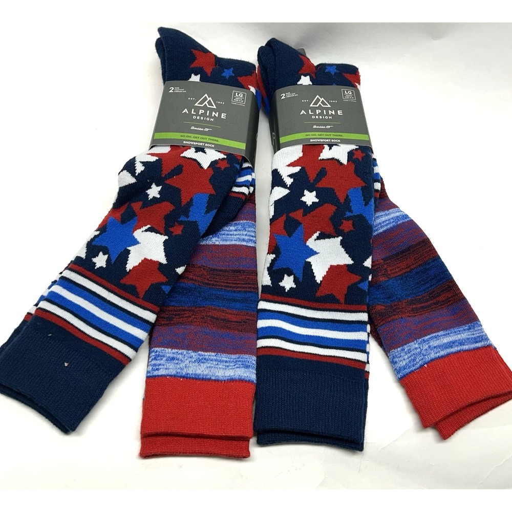 Alpine Design Men's Lot of 2(2 Pair Ea) Large Stars & Stripes Snowsport Socks(I1